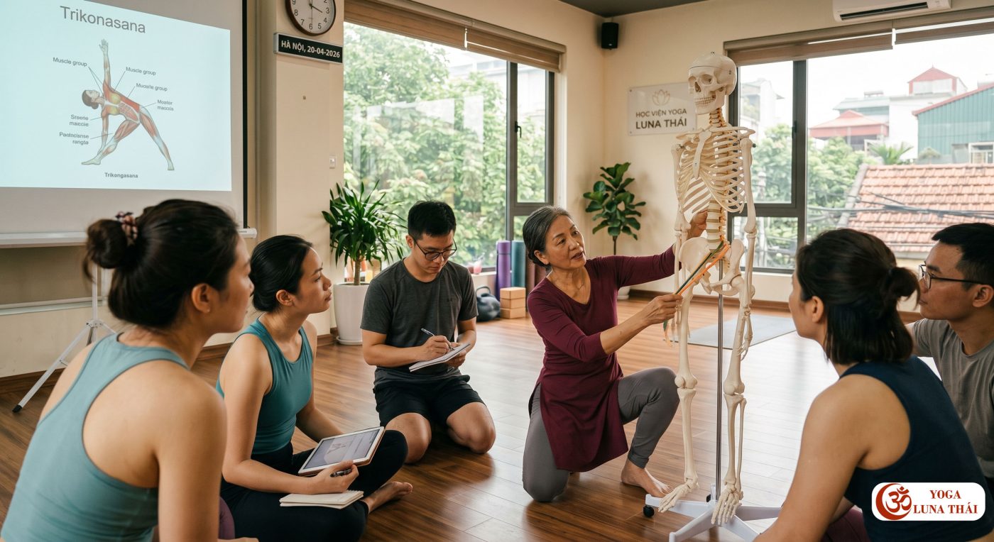 Học viên nhận bằng Yoga Alliance RYT 200 và giảng viên đang hướng dẫn giải phẫu Yoga.
