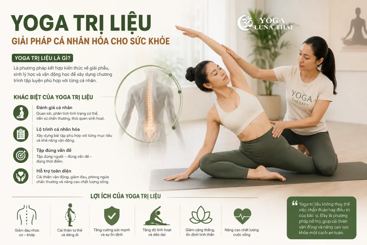 Huấn luyện viên hướng dẫn học viên tập Yoga trị liệu giúp cải thiện đau lưng và tăng khả năng vận động